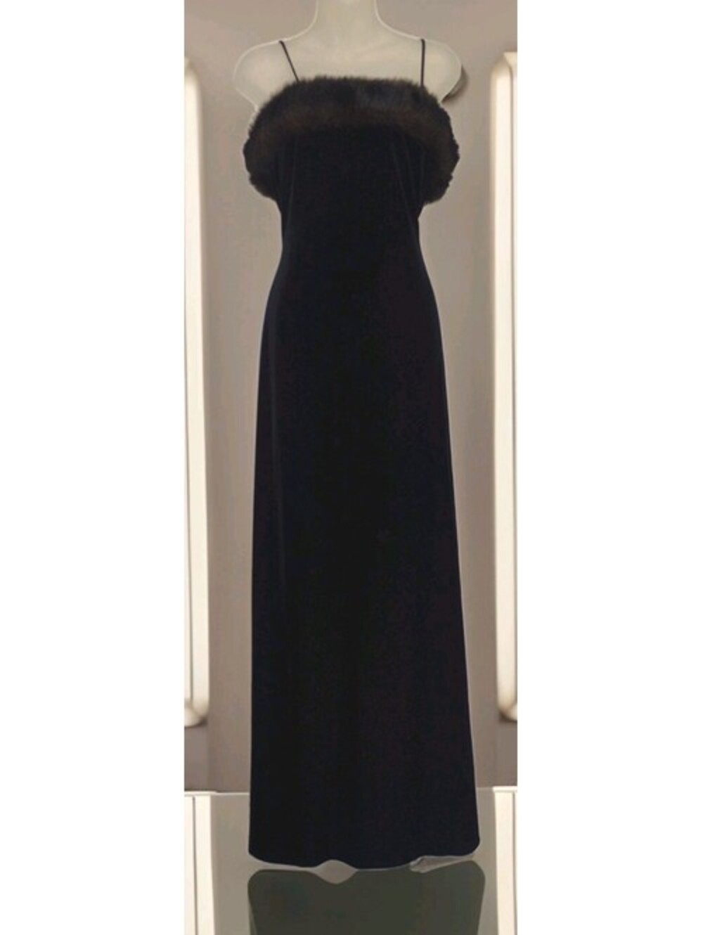 Vintage 80s Cachet Black Velvet Gown Size 8 Faux Fur Trim 90s Formal Made USA
